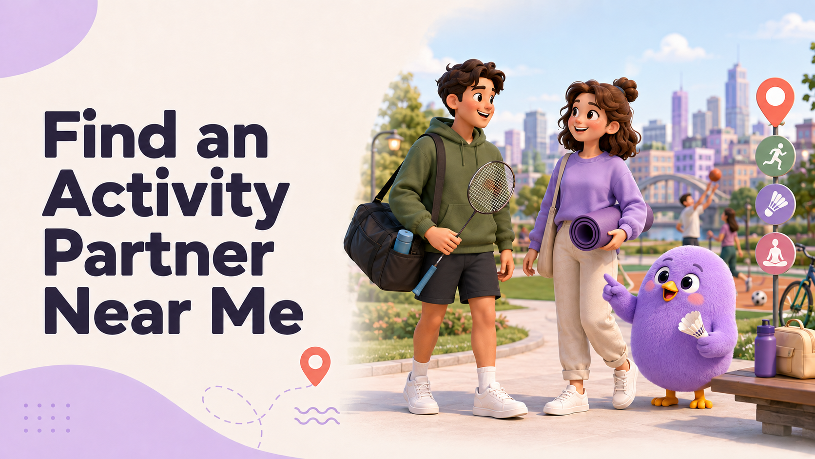 Two local activity partners carrying sports gear with the Weefou mascot in a city park