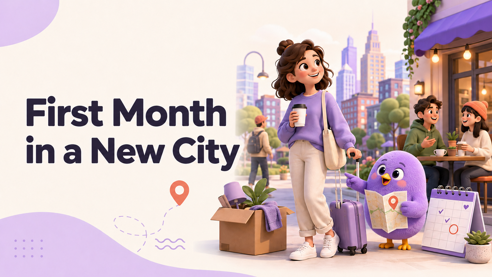 A new resident exploring a city with luggage, a map, and the Weefou mascot
