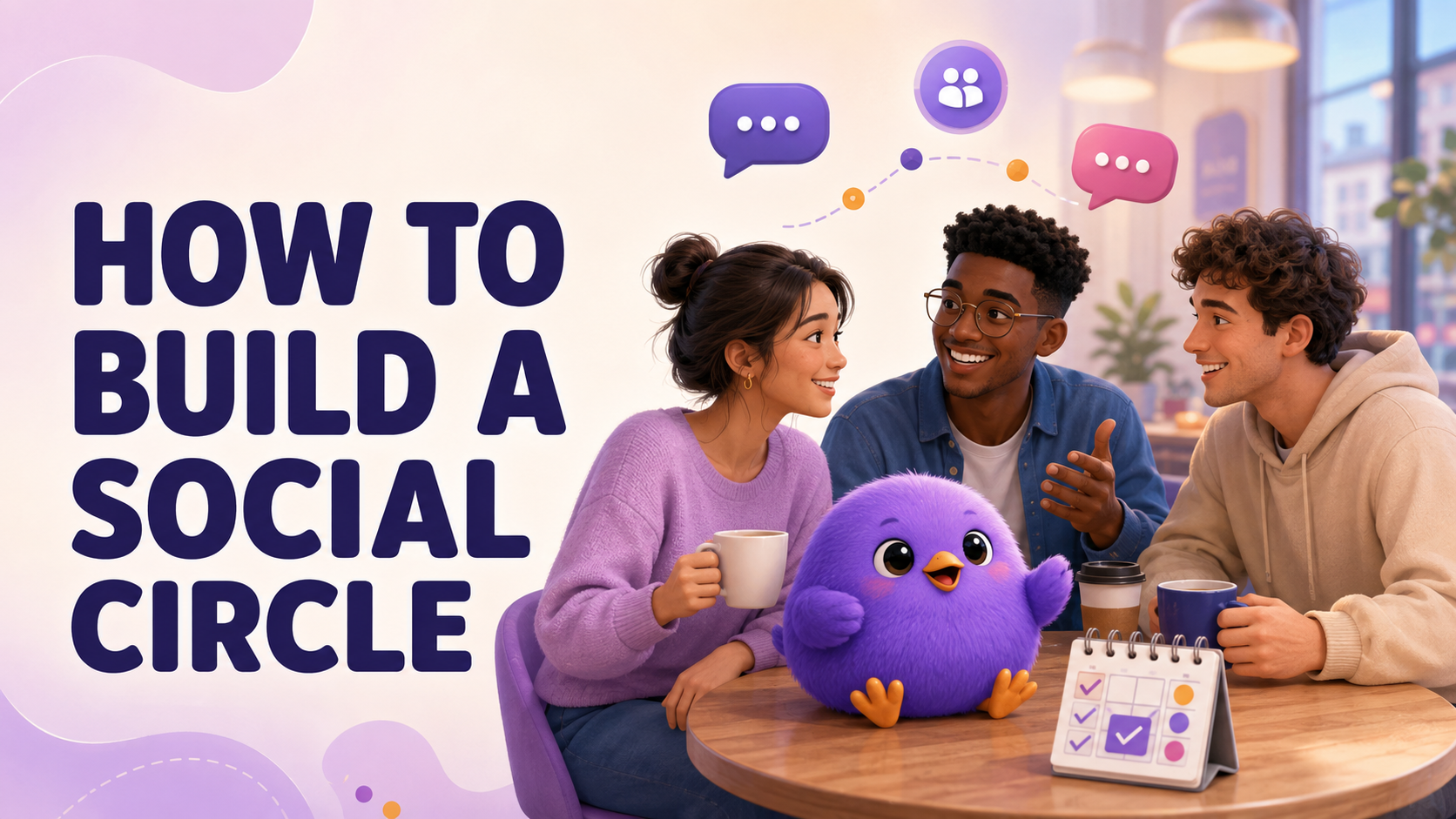 Three friends and the Weefou mascot building a social circle over coffee