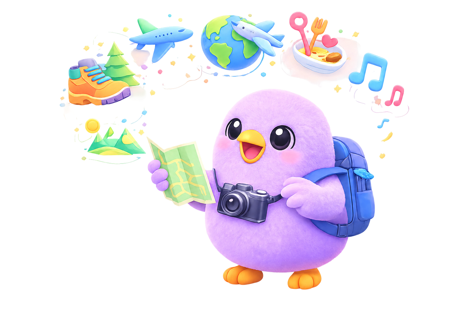 Weefou mascot exploring travel, food, music, and outdoor interests